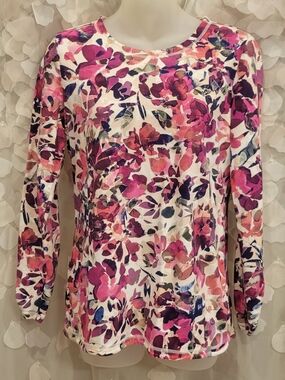 Talbots Mp Floral Long-Sleeve Top in White, Pink & Purple